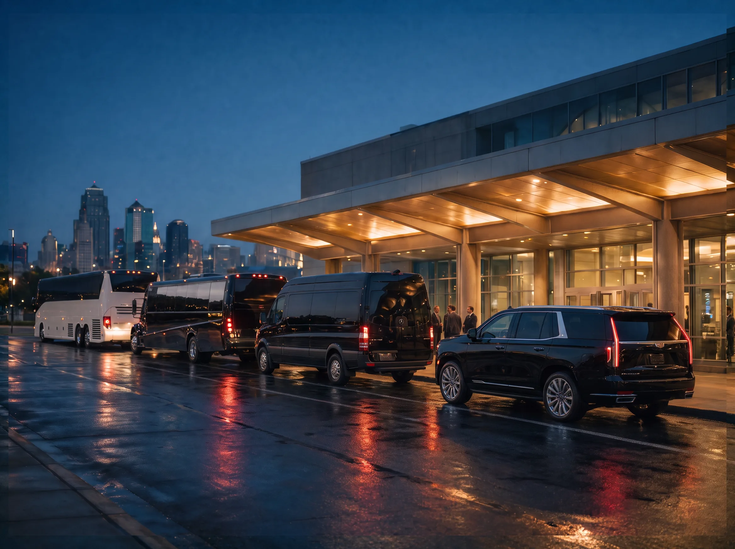 Motorcoach, shuttle bus, van and SUV waiting outside a convention venue at dusk.