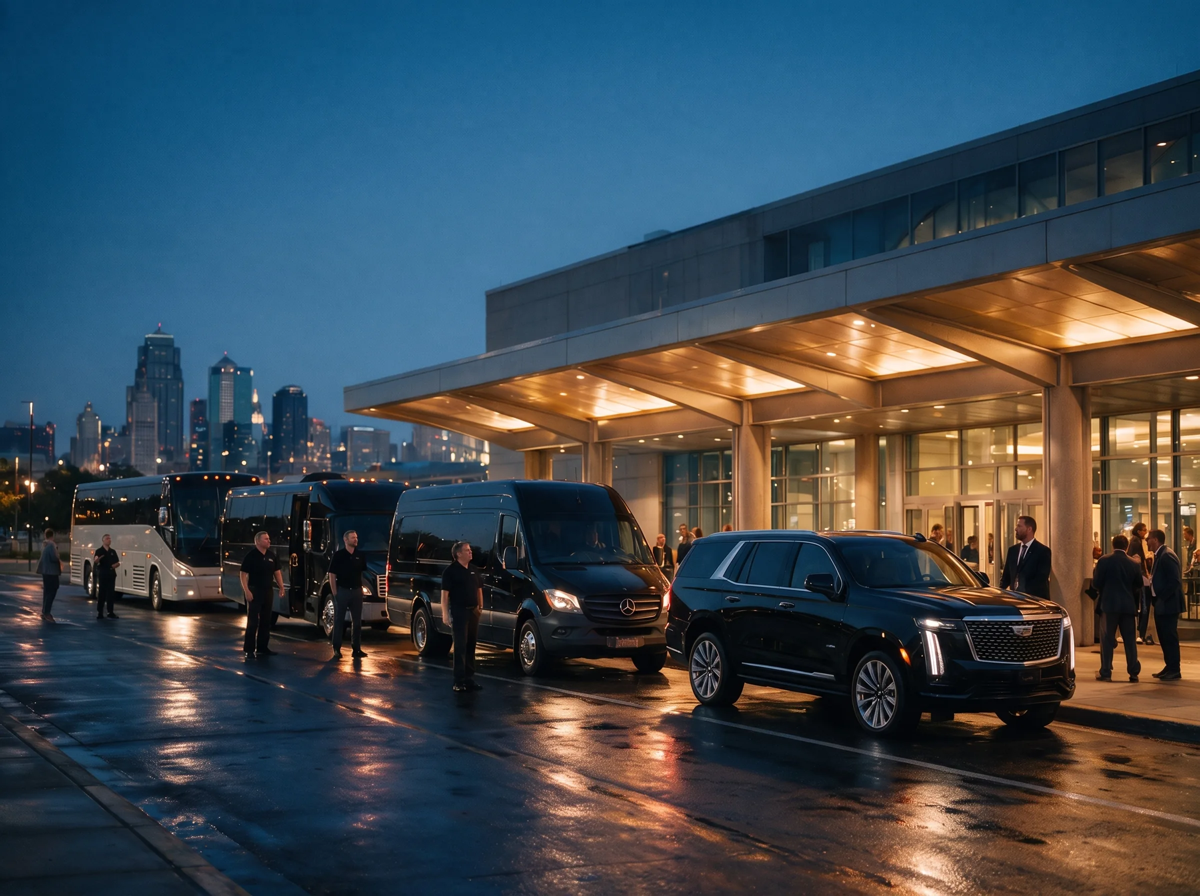 Guests and transportation staff beside a van and SUV outside a convention venue at dusk.