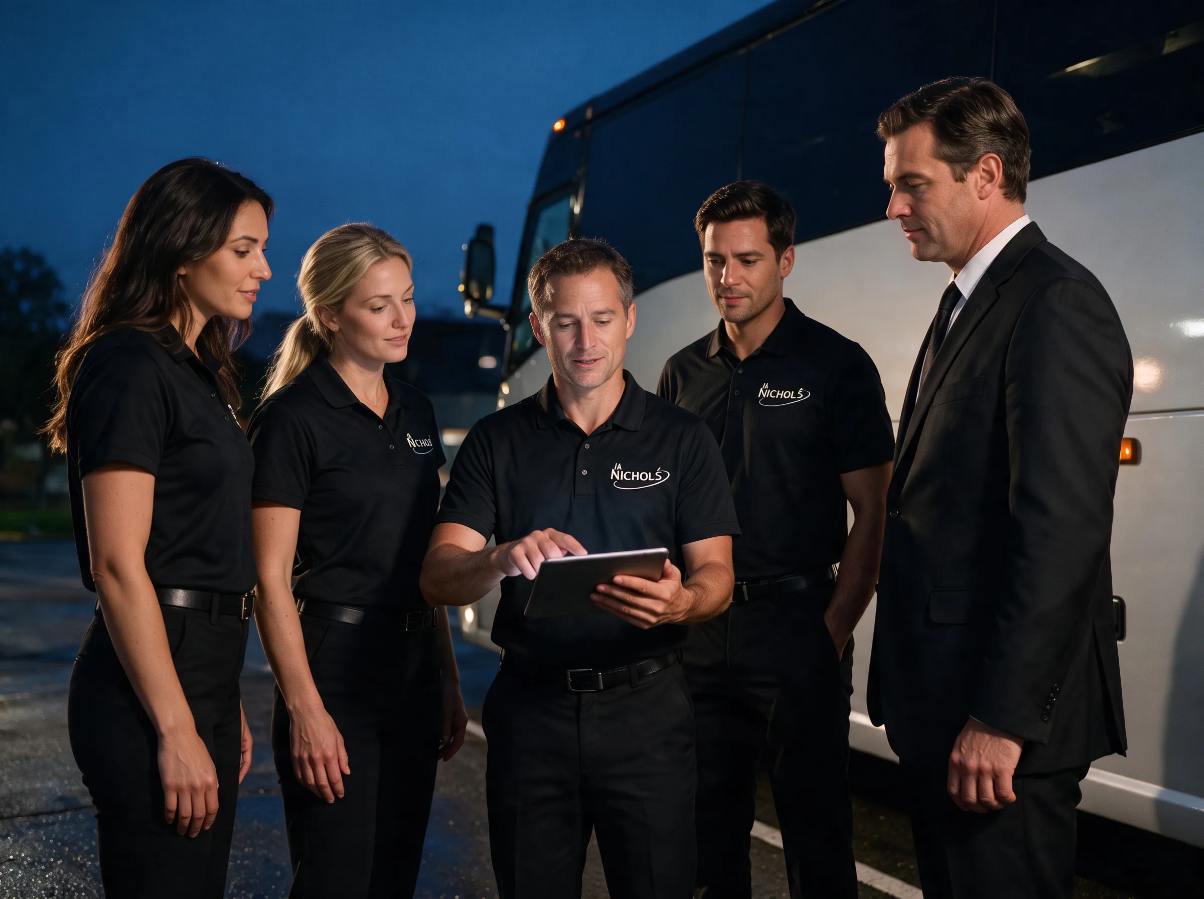 Transportation team reviewing a tablet beside a motorcoach.
